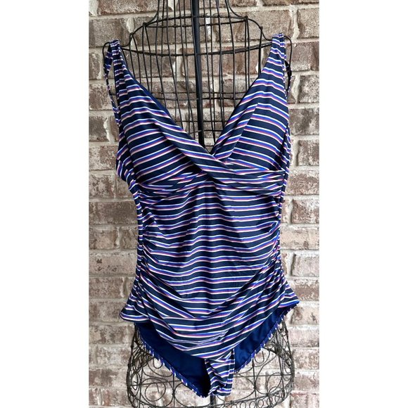 NipTuck Swim Swimsuit Size 8 Sailor Stripe One Piece Navy Red Tummy Cont… - Picture 3 of 12